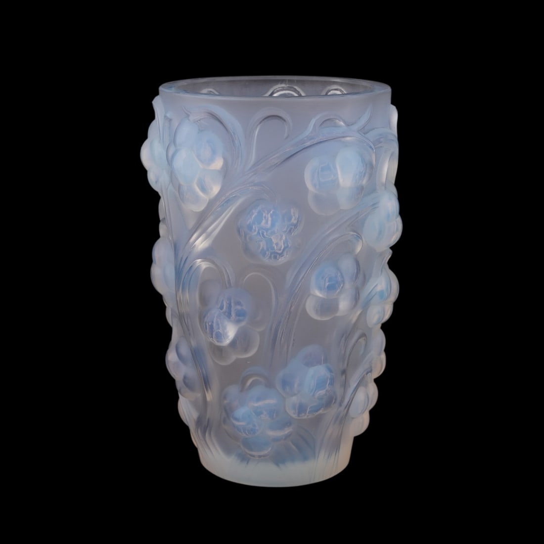 R. LALIQUE, 'RAISINS', OPALESCENT VASE, NO. 1032: Lalique (French, founded 1888), mark used before 1945. Opalescent, frosted, and blue stained "Raisins" glass vase, no. 1032 (designed 1928), acid marked "R. Lalique" and "France" to the underside. Pro