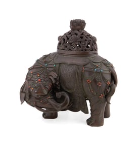 CHINESE BRONZE ELEPHANT CENSER WITH INLAYS