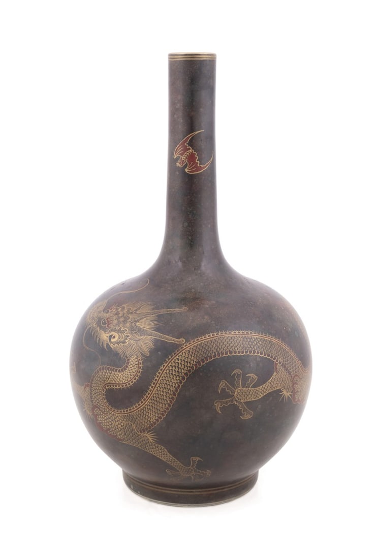 CHINESE BRONZE TONE PORCELAIN DRAGON VASE (1 of 6)