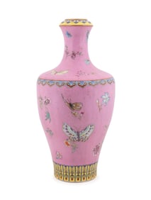 CHINESE ENAMELED PINK BUTTERFLY MOTIF VASE