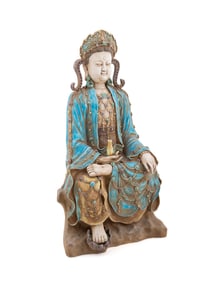 CHINESE POLYCHROME SEATED BODHISATTVA FIGURE