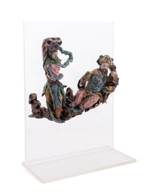 CHINESE TWO-FIGURE ROOF TILE ON ACRYLIC MOUNT