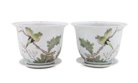 PAIR OF CHINESE PORCELAIN PLANTERS WITH PARROTS