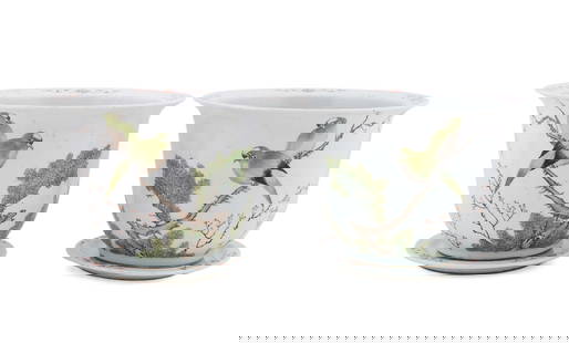 PAIR OF CHINESE PORCELAIN PLANTERS WITH PARROTS: Chinese. Pair of white ground porcelain planters, one side with finely painted green parrots resting on plum branches, reverse with short calligraphy passage, signed with personal seal, both having dr