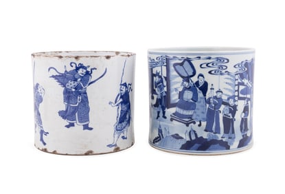 TWO CHINESE BLUE & WHITE FIGURAL MOTIF BRUSH POTS