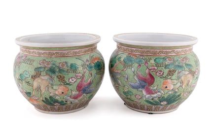 PAIR OF GREEN CHINESE FISH BOWL PLANTERS