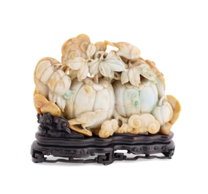 CHINESE CARVED JADE ORNAMENT, GOURDS AND BIRDS