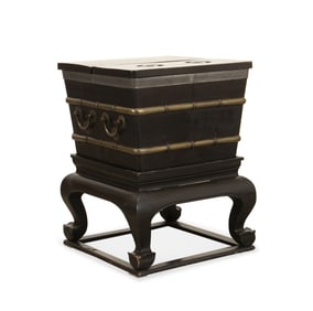 CHINESE WOOD & BRASS ICE CHEST ON STAND