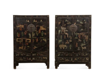 PAIR OF CHINESE BLACK LACQUERED FIGURAL CABINETS