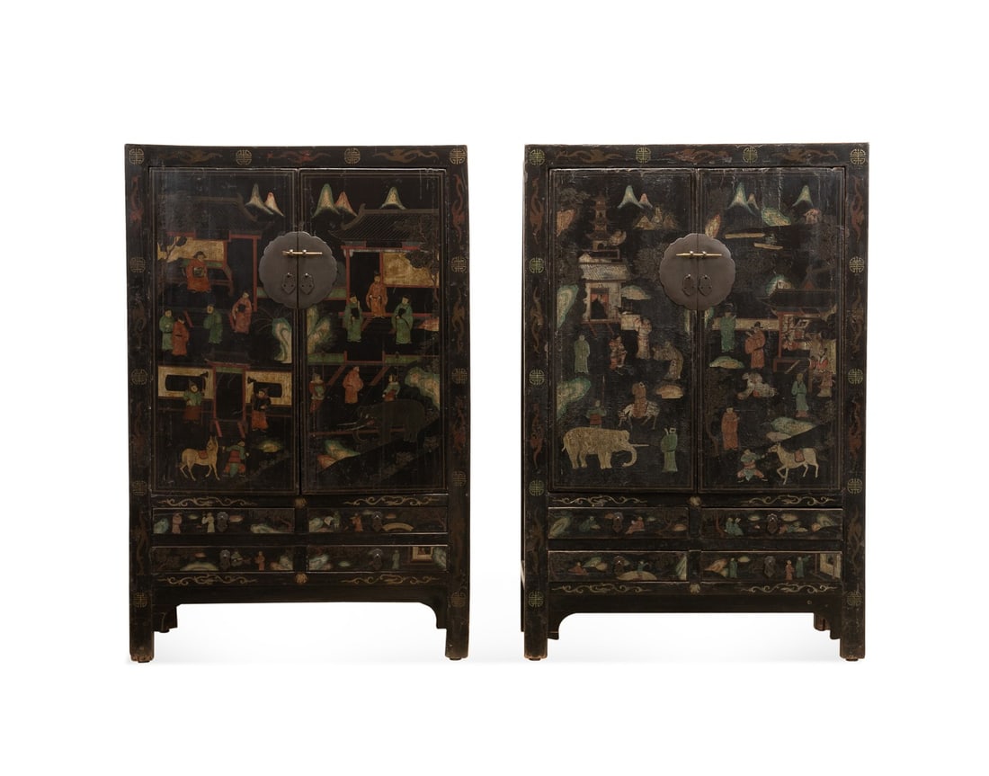 PAIR OF CHINESE BLACK LACQUERED FIGURAL CABINETS (1 of 10)