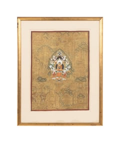 FRAMED TIBETAN THANGKA, SHAKYAMUNI BUDDHA