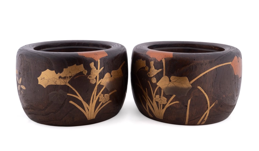 PAIR OF JAPANESE LACQUERED HIBACHI: Japanese. Pair of lacquered braziers or hibachis, crafted from paulownia wood, decorated in the Korin style with gold maki-e floral motifs and inlaid mother-of-pearl, apparently unmarked. Private Coll