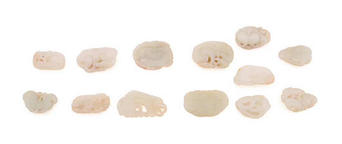 13 HETIAN JADE MINIATURE CARVINGS, CLOUDS & WAVES (1 of 7)