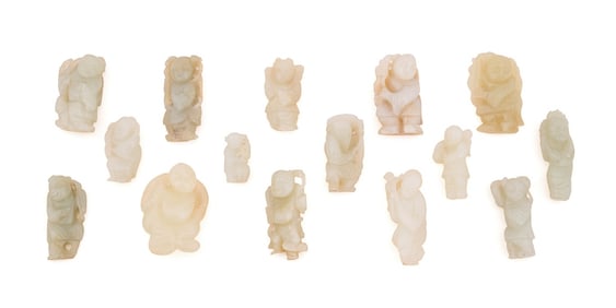 15 HETIAN JADE MINIATURE CARVINGS, FIGURAL