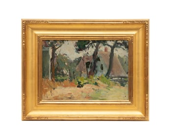 HELEN ALTON SAWYER, COTTAGE LANDSCAPE OIL ON BOARD