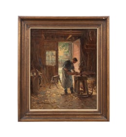 EMMA E. L. COOPER, WHEELMAKER GENRE SCENE, OIL