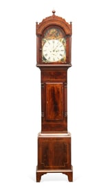 MAHOGANY TALL CASED CLOCK WITH A TAVERN SCENE DIAL