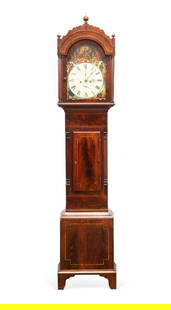 MAHOGANY TALL CASED CLOCK WITH A TAVERN SCENE DIAL: John Fortune (Scottish, 19th century). Flame and straight-grain mahogany veneered tall case clock with ruled softwood inlay. The painted dial features a tavern scene at the top and depictions of city