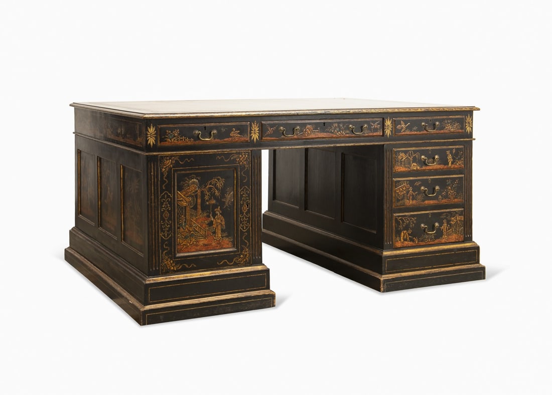 ENGLISH CHINOISERIE LEATHER TOP PARTNER'S DESK (1 of 9)