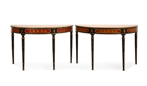 PAIR OF EBONIZED CHINOISERIE DEMILUNE CONSOLES