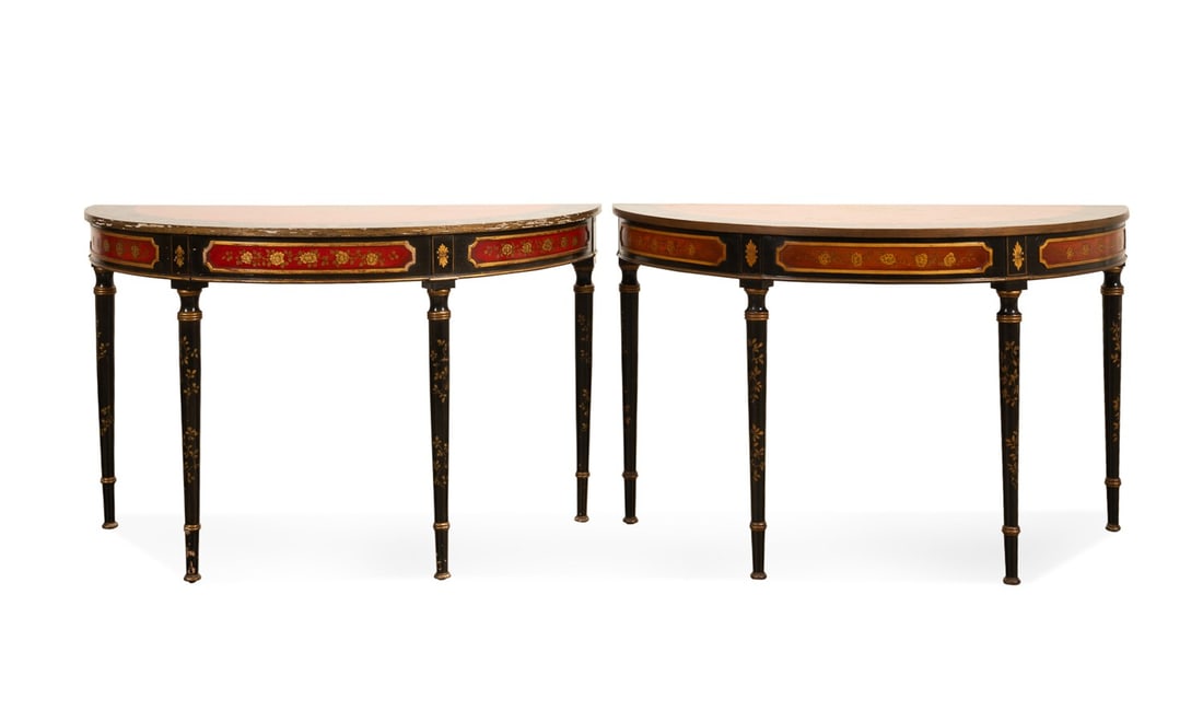 PAIR OF EBONIZED CHINOISERIE DEMILUNE CONSOLES (1 of 5)