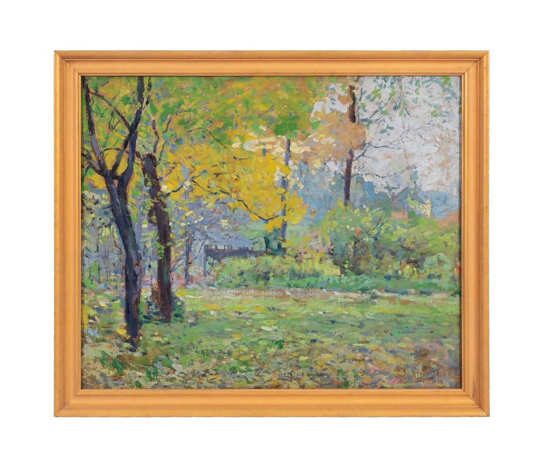 WILLIAM FORSYTH, DOUBLE SIDED LANDSCAPE OIL & WC/P: William J. Forsyth (American, 1854-1935). Untitled - Lush Green Forest Landscape - 1921, oil on artist board, signed and dated to LL; Untitled - Tree Study - 1915, watercolor on paper laid to board to