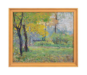 WILLIAM FORSYTH, DOUBLE SIDED LANDSCAPE OIL & WC/P: William J. Forsyth (American, 1854-1935). Untitled - Lush Green Forest Landscape - 1921, oil on artist board, signed and dated to LL; Untitled - Tree Study - 1915, watercolor on paper laid to board to