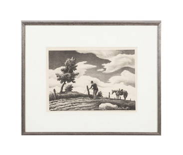 THOMAS HART BENTON, 'THE FENCE MENDER' LITHO, 1940: Thomas Hart Benton (American (Missouri), 1889-1975). "The Fence Mender" - 1940, lithograph on paper, edition of 250, pencil signed to LR. Published by Associated American Artists. Framed. Provenance: