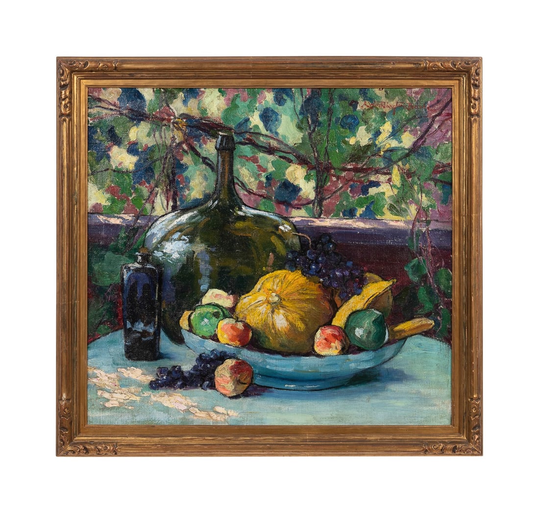 ALICE WORTHINGTON BALL, FRUIT STILL LIFE, O/C: Alice Worthington Ball (American, 1869-1929). Untitled - Still Life with Fruit and Wine Jug, oil on canvas, signed "A. Worthington Ball" to UR. Framed. Note: Accompanied by receipt from Knoke Gallerie