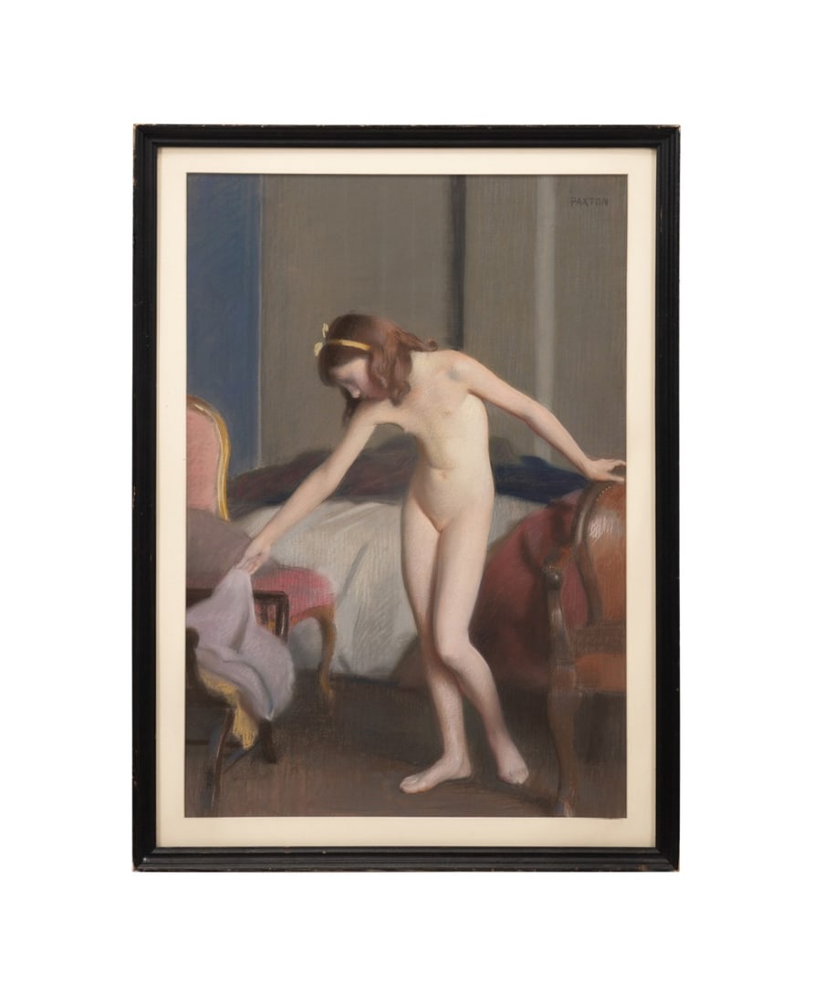 WILLIAM PAXTON 'CHILD DRESSING' PASTEL: William McGregor Paxton (American (Boston), 1869-1941). "Child Dressing" - circa 1926, pastel on gray paper, signed "PAXTON" to UR, label to verso for Vose Galleries of Boston -1978, exhibition label