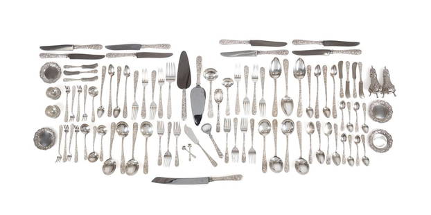 KIRK & SON 'REPOUSSE' STERLING FLATWARE, 92 PC: Mainly Samuel Kirk and Son Co. and Samuel Kirk and Son Inc. (American, founded 1846), marks used 1868-1890 and 1896-1932. Assembled set of 92 pieces of sterling silver flatware comprising: Samuel Kirk