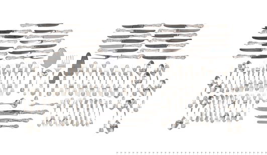 REED & BARTON 'FRANCIS I' 89 PC STERLING FLATWARE: Reed & Barton (American, 1840-2015), 20th century. Set of 89 pieces of "Francis I" (pattern active, 1907-2019) sterling silver flatware comprising, 8 forks (7.75"), 11 forks (7.25"), 9 salad forks (6.