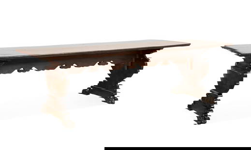 19TH C. PALATIAL ITALIAN WALNUT REFECTORY TABLE: Italian, early 19th century. Walnut refectory table in the Baroque taste, having vasi-form supports, and rising on paw feet, apparently unmarked. Approximate dimensions: h. 30", w. 99.75", d. 35".