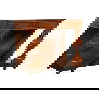 19TH C. BIEDERMEIER NEOCLASSICAL INLAID PIER TABLE: Northern European, 19th century. Biedermeier Neoclassical parcel ebonized mahogany veneer pier table or console, having an overhanging top, satinwood inlay, single frieze drawer, urn-form supports, an