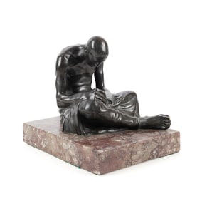 JULIUS OBST, SEATED MALE FIGURE, BRONZE ON MARBLE