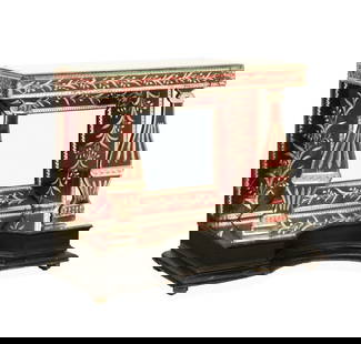 VENETIAN STYLE REVERSE PAINTED PIER TABLE (DAMAGE): Italian, early 20th century. Venetian style cranberry red reverse painted glass and mirrored pier table, having a mirrored top, vasi-form column supports, vine with berry motif and raised on an eboniz