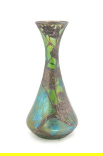 LOETZ 999 SILVER OVERLAY MEDICCI IRIDESCENT VASE: Loetz (Czech, founded 1836), circa 1902. Medici Russian-Green (Gre 2/484) glass vase with Alvin-Beiderhase Co. (American, 1894-1919) 999 silver overlay having a floral motif, marked to silver-- 62, 99