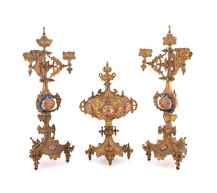 19TH C. GOTHIC REVIVAL GILT & ENAMEL GARNITURE SET