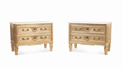 DON RUSEAU, PAIR ANTIQUED SILVER LEAF COMMODES