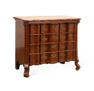 19TH C. DUTCH ROCOCO MARQUETRY CHEST OF DRAWERS: Dutch, 19th century. Rococo style walnut and mixed wood inlaid chest of drawers, with a scalloped shaped top, over a 4-drawer case with floral marquetry, and raised on front scroll feet, apparently un