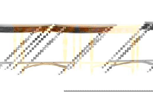 FRENCH LOUIS XVI STYLE DEMILUNE CONSOLE TABLES: French. Louis XVI style parcel-gilt and walnut veneer demilune console tables, having lyre, medallion, and acanthus leaf motif, and raised on tapered square legs with a curved stretcher. Provenance: P