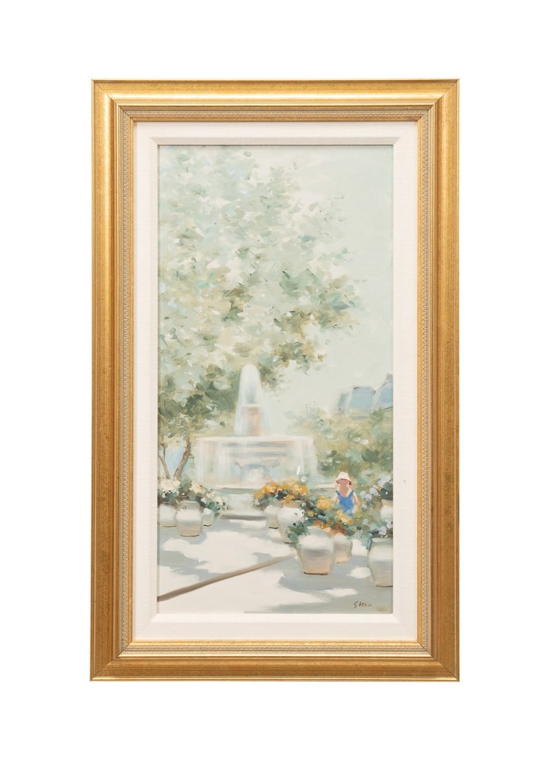 ANDRE GISSON, FOUNTAIN AT PARK W/ YOUNG WOMAN, OIL (1 of 5)