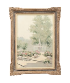 ANDRE GISSON, FOUNTAIN WITH FLOWER POTS, O/C