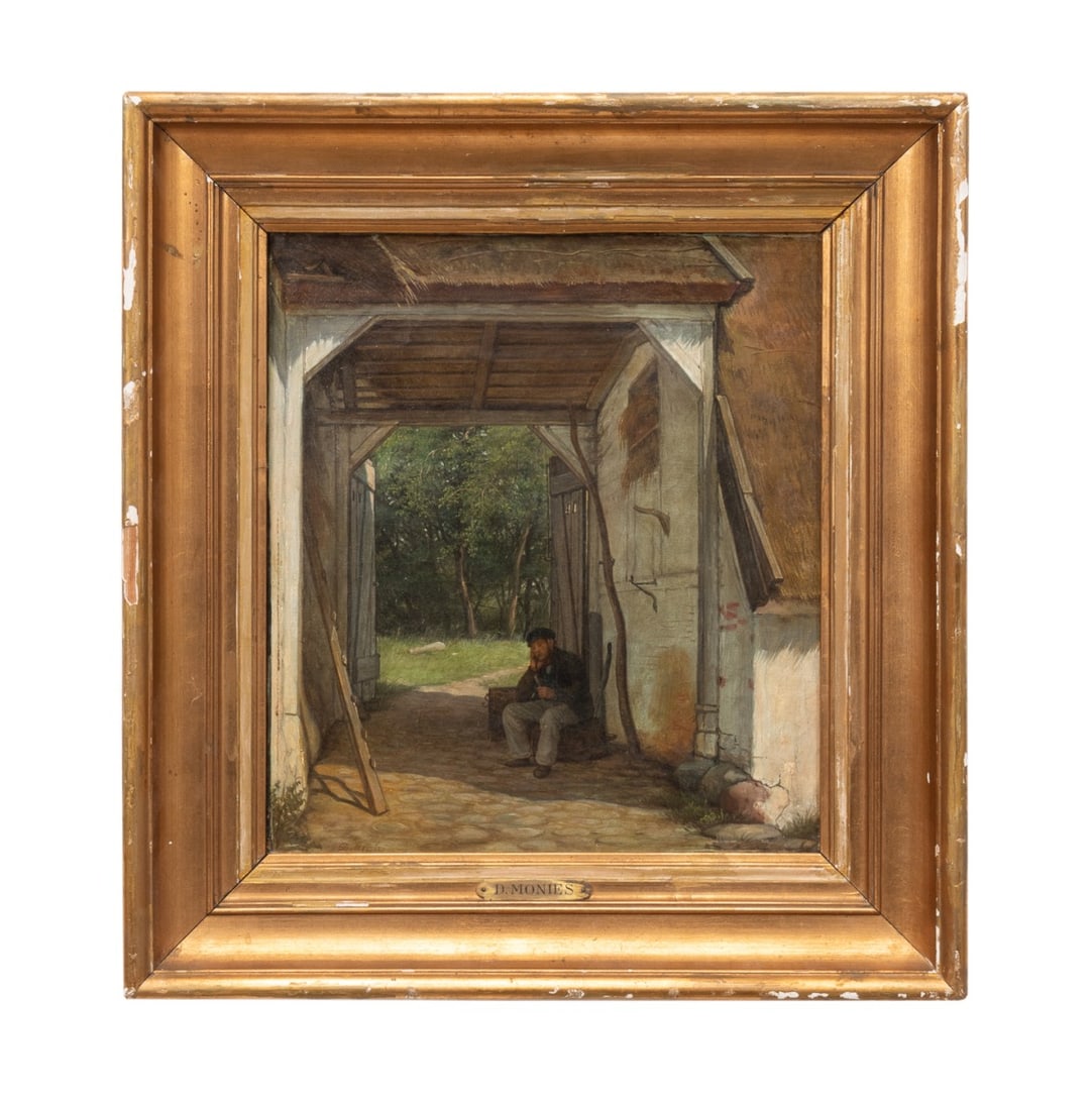DAVID MONIES, 19TH C. FIGURAL GENRE SCENE, OIL: David Monies (Danish, 1812-1894). Untitled - Genre Scene of a Resting Laborer - 19th century, oil on canvas, signed "D. Monies" to LL. Framed. Provenance: Private Collection of Patrice Buford Eastham,