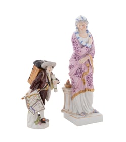 MEISSEN FIGURINES, MAP SELLER & ALLEGORICAL FIGURE