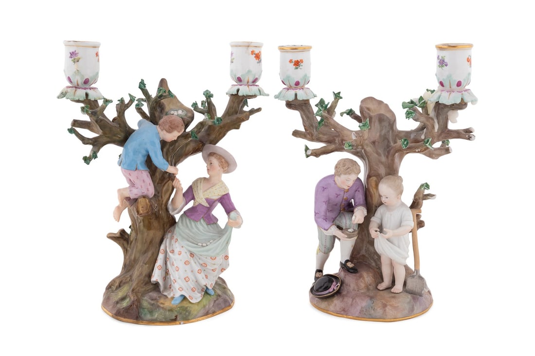 PAIR OF MEISSEN FIGURINE CANDELABRUMS; 1153 & 1160 (1 of 9)