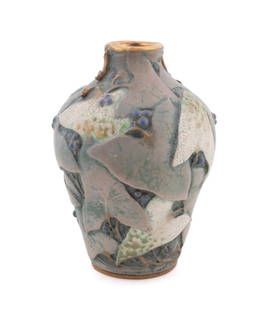PAUL DACHSEL JUGENDSTIL AMPHORA CERAMIC VASE: Paul Dachsel (Czech, active 1893-1905) for Turn-Teplitz (Czech, founded 1892), circa 1904. Jugendstil Amphora small ceramic vase, with a matte and enamel glaze and gilt accents, red manufacturer's mar