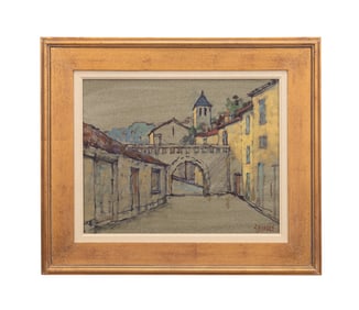 HENRY BARNES, VILLAGE STREET SCENE W/ BRIDGE OIL