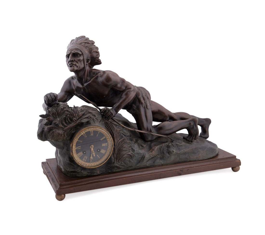 R. VARNIER NATIVE AMERICAN BRONZE MANTEL CLOCK (1 of 9)