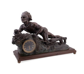 R. VARNIER NATIVE AMERICAN BRONZE MANTEL CLOCK: Rene Andre Varnier (French, 19th / 20th Century). "Indian Scout", patinated bonze sculpture mantel clock, raised on wood base having round brass feet, clock works unknown, signed "R. Varnier" under ba